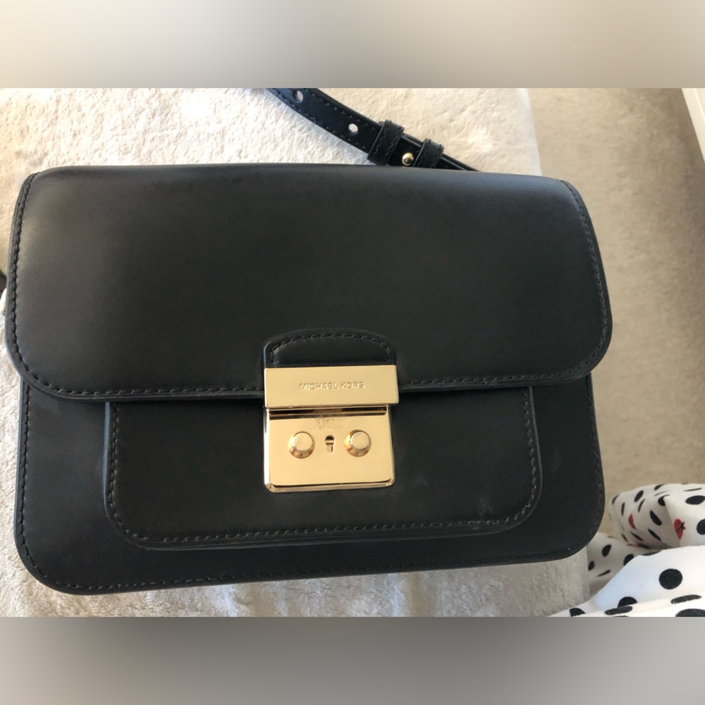Michael Kors Black Leather Crossbody with Gold-Tone Lock